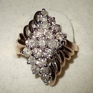 Long 10Kt Yellow Gold Full-Carat Champagne Diamond Cluster Ring